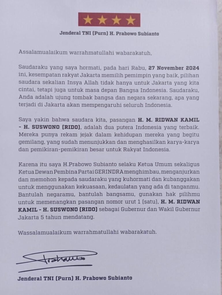 Surat edaran atas nama Prabowo Subianto yang mengajak warga Jakarta untuk memilih pasangan nomor urut satu, Ridwan Kamil (RK)-Suswono dalam Pilkada Jakarta