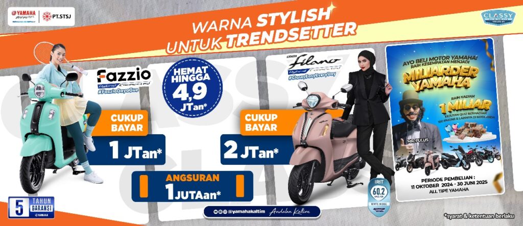 Dengan tampilan yang stylish dan warna-warna trendi, Yamaha Fazzio dan Grand Filano siap menemani aktivitasmu.