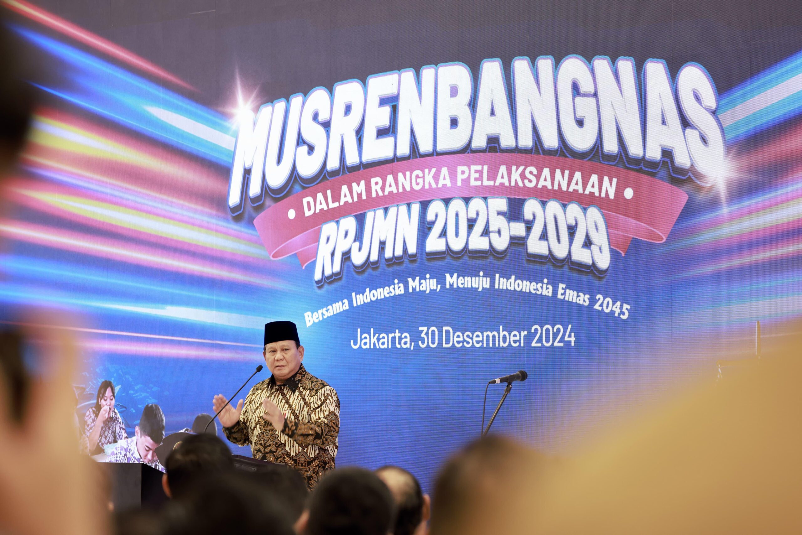 Presiden Prabowo Subianto dalam acara Musyawarah Perencanaan Pembangunan Nasional (Musrenbangnas) untuk Rencana Pembangunan Jangka Menengah Nasional (RPJMN) 2025-2029 di Gedung Bappenas, Jakarta, pada Senin, 30 Desember 2024 / Tim Media Presiden Prabowo Subianto