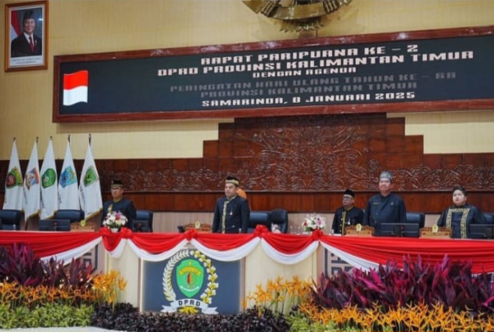 Rapat Paripurna Istimewa dalam rangka peringatan Hari Ulang Tahun (HUT) ke-68 Provinsi Kalimantan Timur pada Rabu, 8 Januari 2025. Acara berlangsung di Ruang Sidang Utama Gedung DPRD Kaltim / Foto : Arief M - Hudais TP / adpimprovkaltim